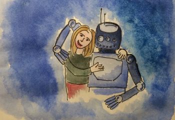 Robot woman hug